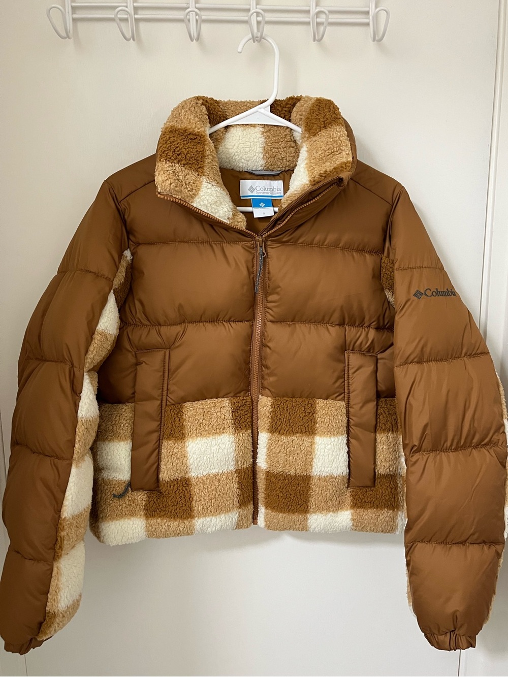 NWOT Columbia Leadbetter Point II Print Sherpa hybrid puffer Jacket Tan Plaid